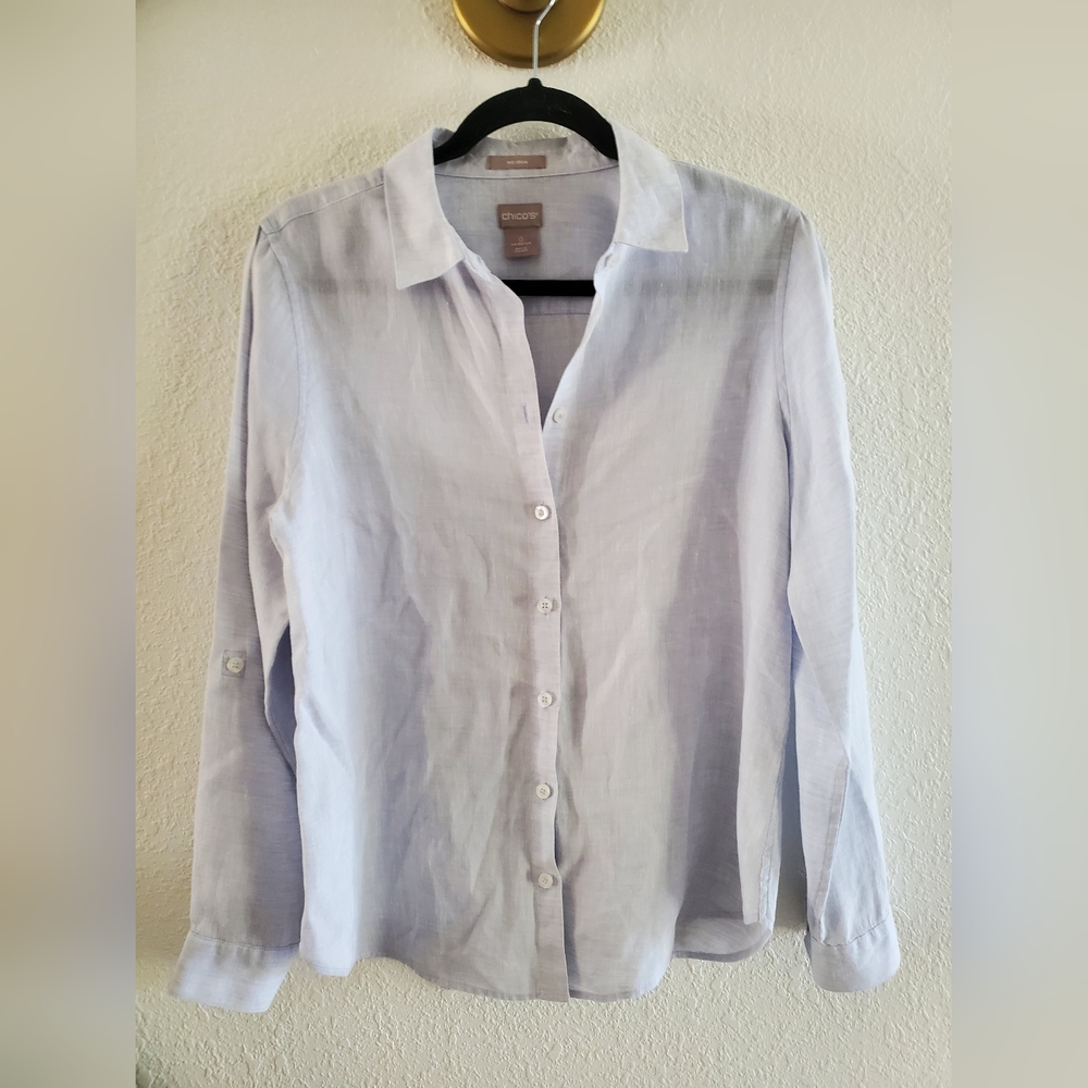 Chico Linen Striped Print Roll-Tab Sleeve Striped Longsleeve Shirt Sz 0 4/6
